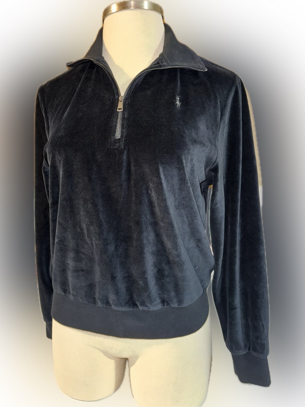 Women’s Polo by Ralph Lauren Black Velour Half-Zip Pullover size Medium